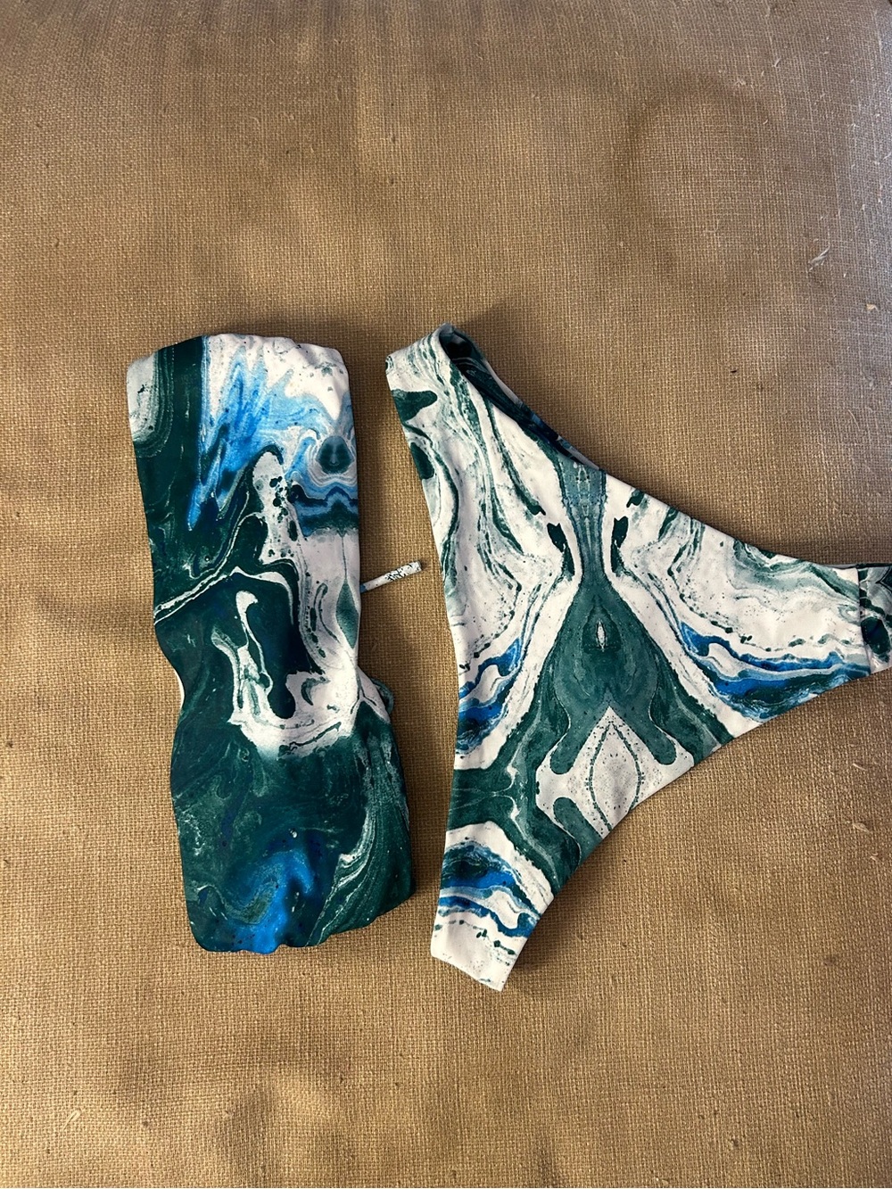 SHEIN Green White Blue Marble Print Bandeau Bikini